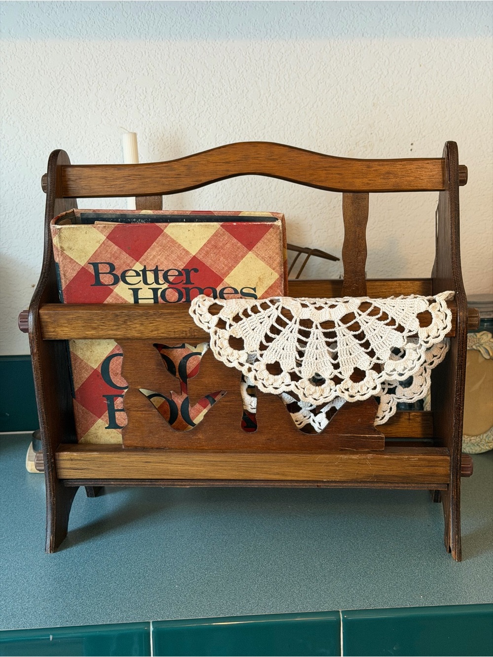 Vintage Wooden Magazine Rack Holder with Tulip Floral Cutouts